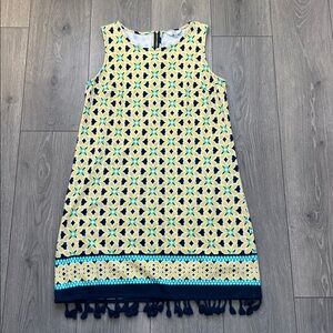 Crown & Ivy Sz M, bright, yellow, and navy tassel, sleeveless, 100% cotton dress
